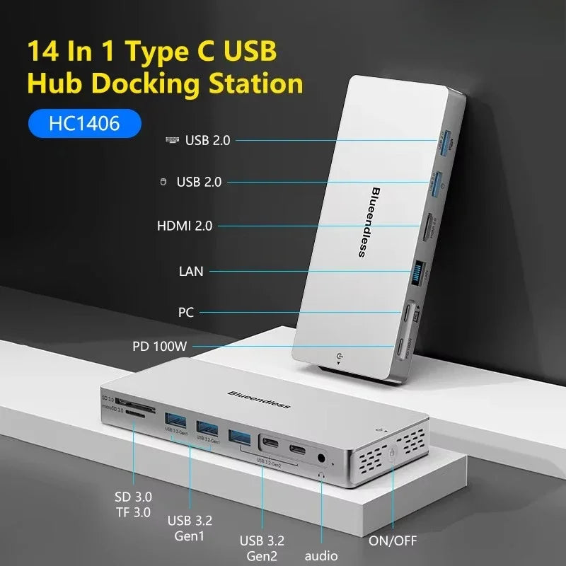 14 in 1 Type C USB Hub Docking Station USB 3.0 Card Reader