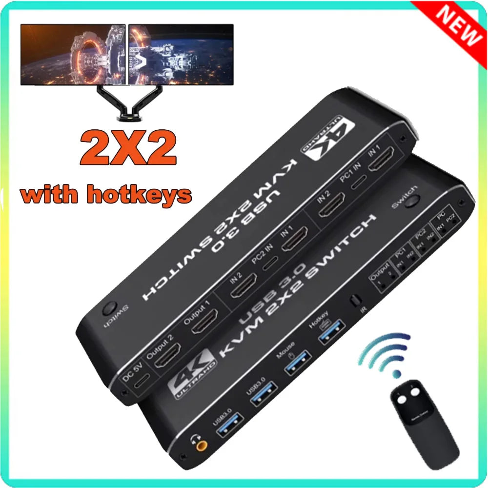 Dual Computer KVM Switch, Dual Monitor, 4K 60Hz High Resolution