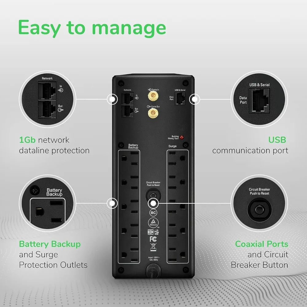 New Upgrade UPS 1500VA UPS Battery Backup and Surge Protector, BX1500M Backup Battery Power Supply, AVR, Dataline Protection