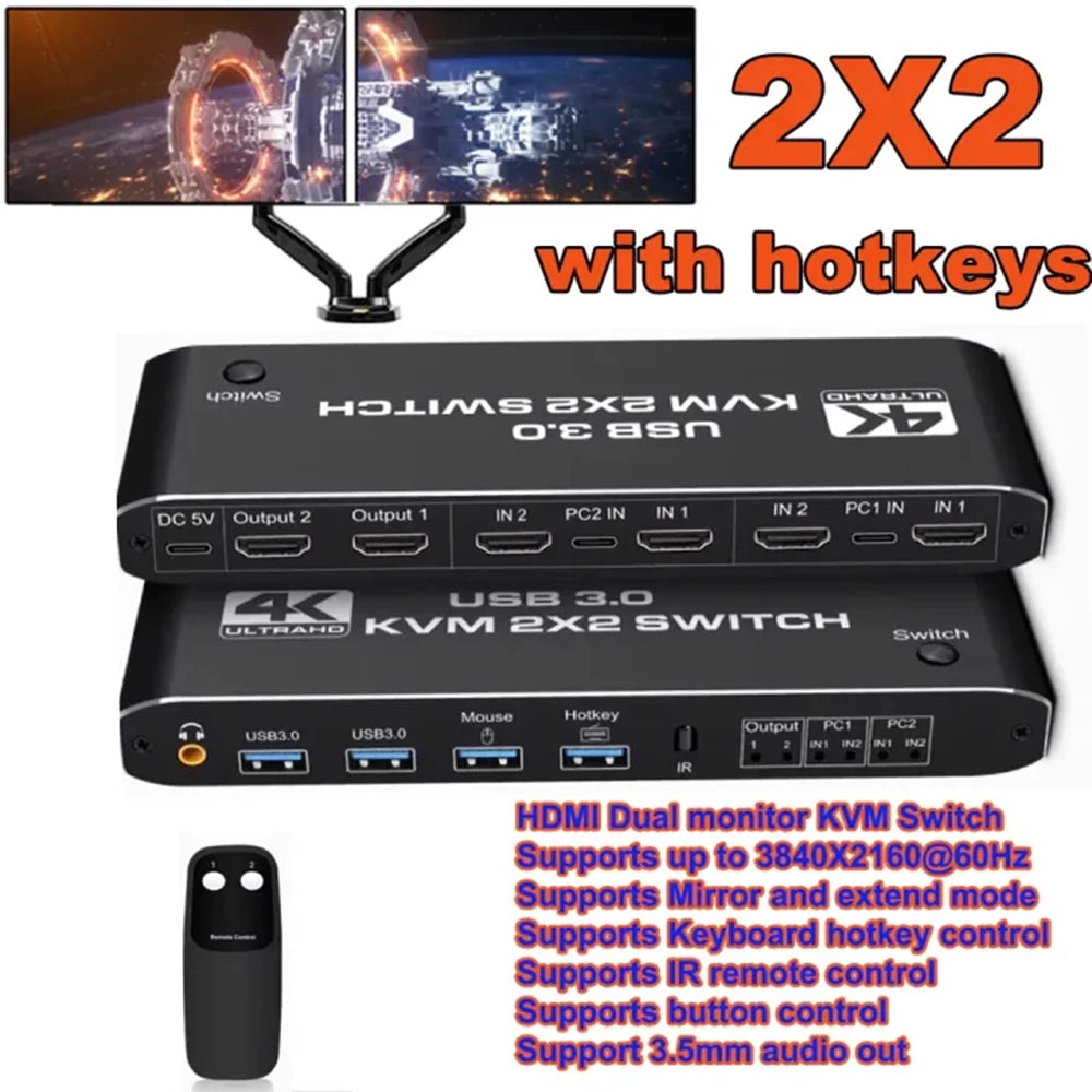 Dual Computer KVM Switch, Dual Monitor, 4K 60Hz High Resolution